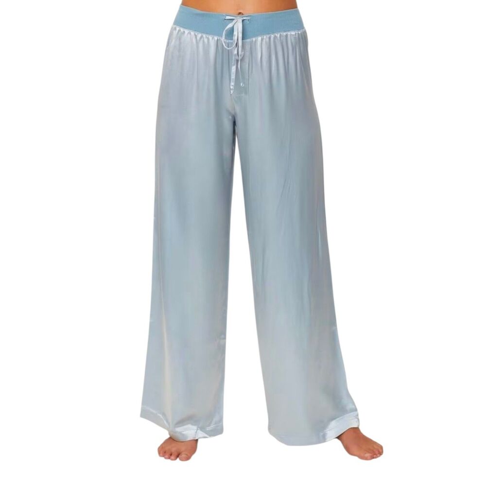 PJ Harlow NWT Jolie Size M Aqua Satin PJ Lounge Pants W/ Drawstring Ribbed Waist